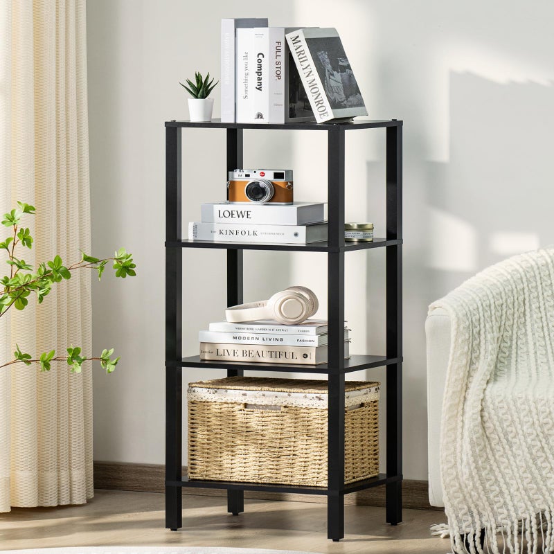 YUFAM 4 Tier Tall Wooden Bookshelf with Storage - Small Bookcase for Small Spaces, Shelf for Living Room, Office, Bedroom, Kitchen - Industrial Modern Black Book Shelf - Image 1