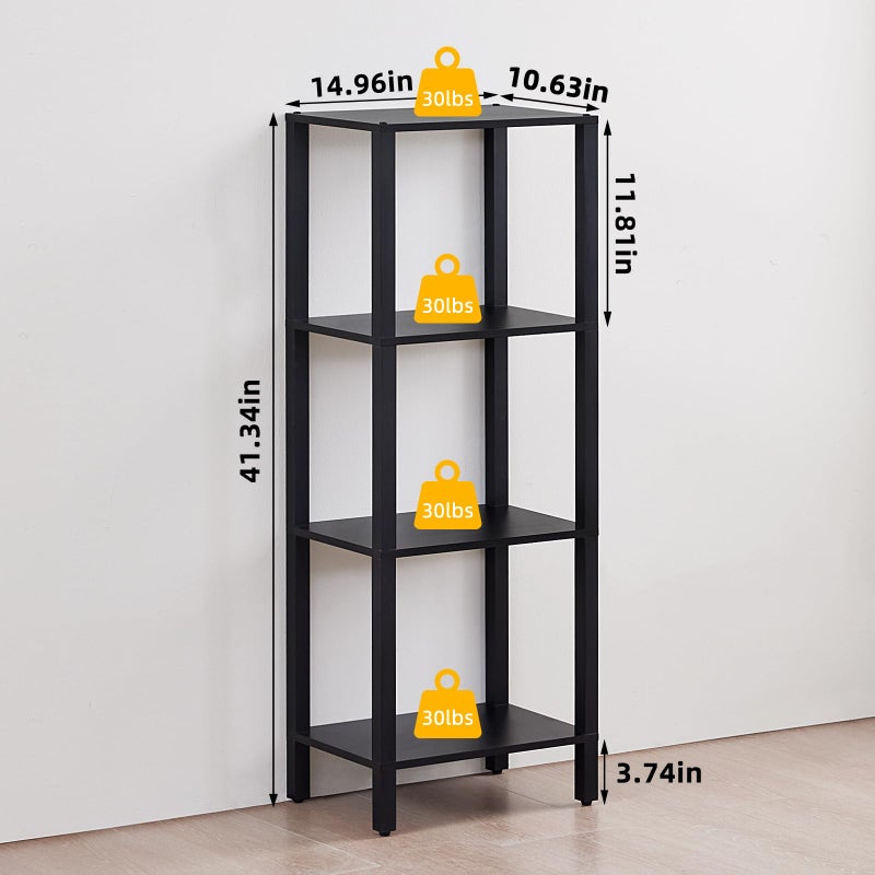 YUFAM 4 Tier Tall Wooden Bookshelf with Storage - Small Bookcase for Small Spaces, Shelf for Living Room, Office, Bedroom, Kitchen - Industrial Modern Black Book Shelf - Image 2