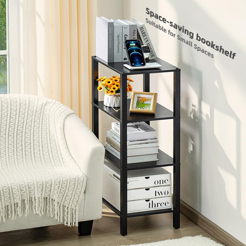 YUFAM 4 Tier Tall Wooden Bookshelf with Storage - Small Bookcase for Small Spaces, Shelf for Living Room, Office, Bedroom, Kitchen - Industrial Modern Black Book Shelf - Image 5