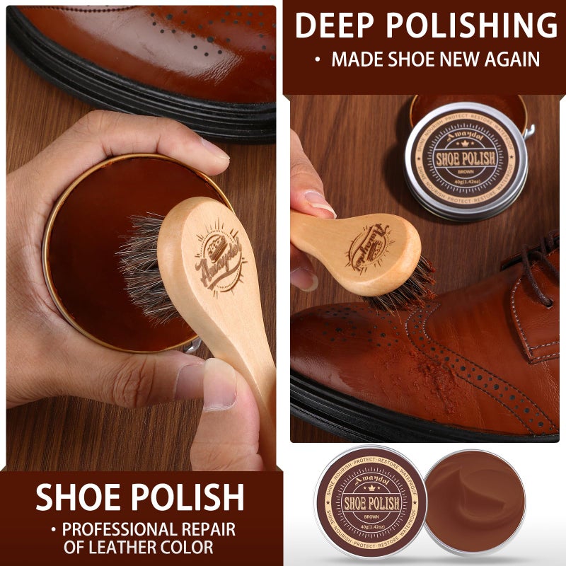 Awaydol 10 PCS Shoe Care Kit - Horsehair Brushes, Black Brown Neutral Polish,Mink Oil Conditioner for Shoes,Polishing Cloth, Leather Boots Shine Care Kit ï»¿Gift for Men Cowboy Husband Dad ï»¿ - Image 3