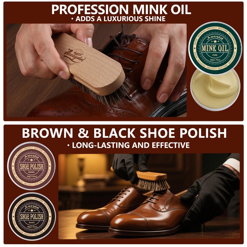 Awaydol 10 PCS Shoe Care Kit - Horsehair Brushes, Black Brown Neutral Polish,Mink Oil Conditioner for Shoes,Polishing Cloth, Leather Boots Shine Care Kit ï»¿Gift for Men Cowboy Husband Dad ï»¿ - Image 5