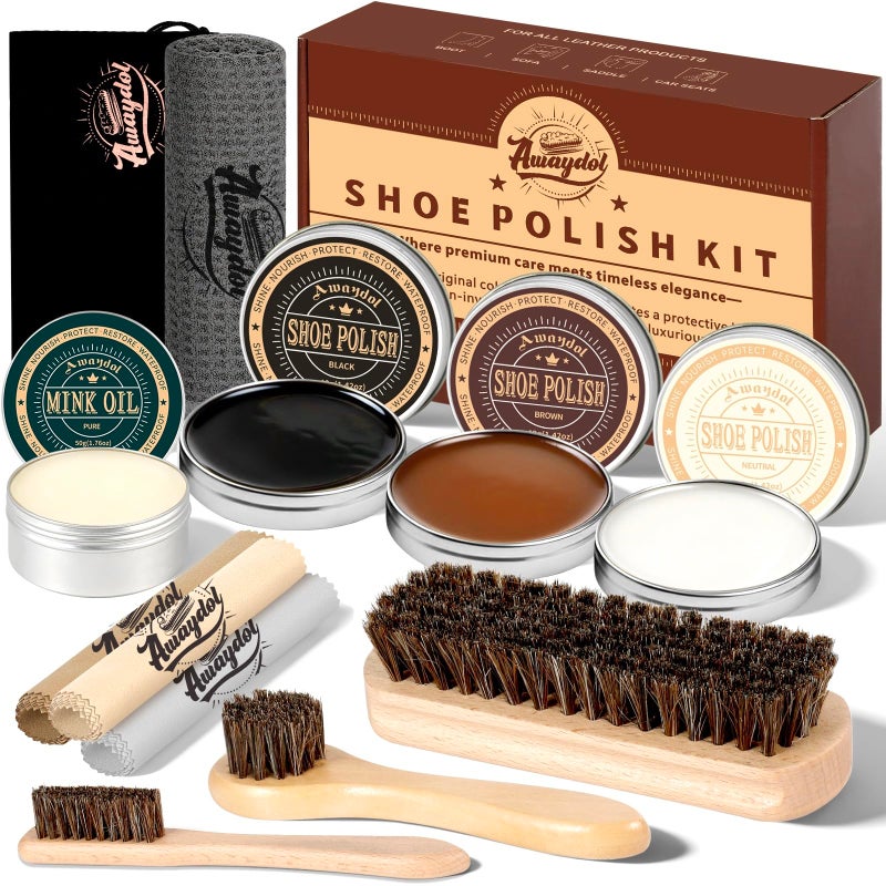 Awaydol 10 PCS Shoe Care Kit - Horsehair Brushes, Black Brown Neutral Polish,Mink Oil Conditioner for Shoes,Polishing Cloth, Leather Boots Shine Care Kit ï»¿Gift for Men Cowboy Husband Dad ï»¿ - Image 1