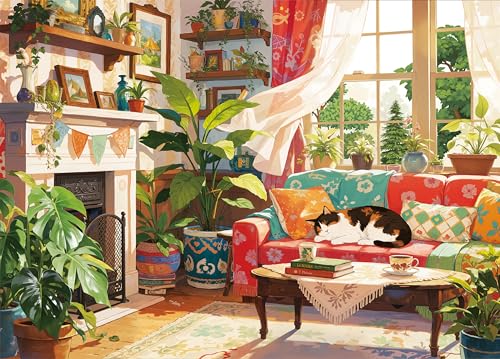 LOJETON Cat Cozy Puzzles 1000 Piece Jigsaw Puzzle for Adults Puppy Kitten Plants Jigsaw Puzzles with Letters on Back Impossible Challenging Hard Colorful Modern Art Puzzles Home Decor 275 x 197 Inch - Image 1