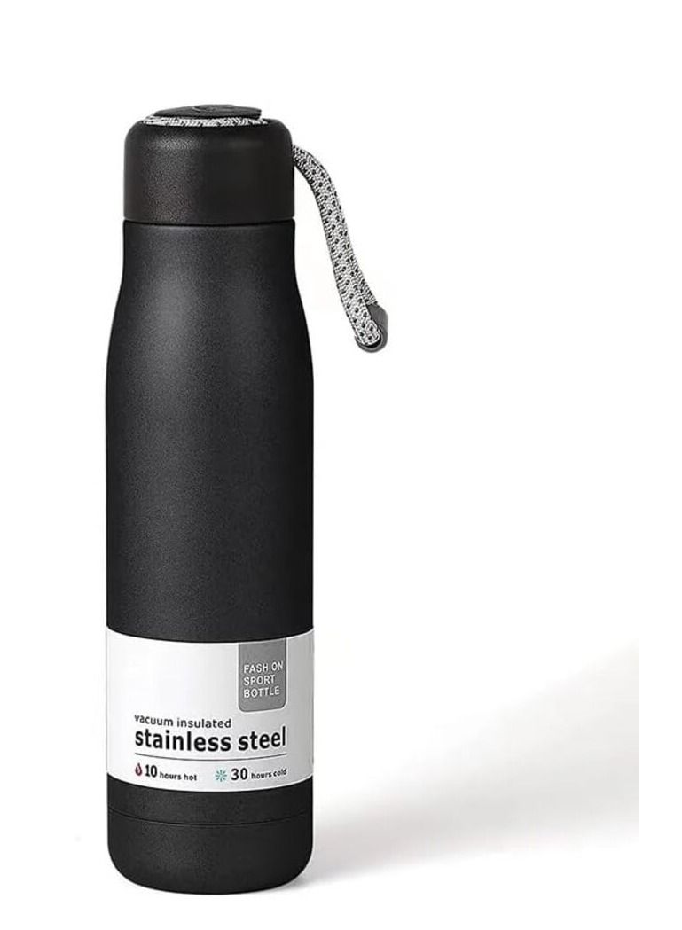 زجاجة مياه، قارورة مفرغة من الهواء معزولة من الفولاذ المقاوم للصدأ بطبقة مزدوجة، زجاجة حرارية مقاومة للتسرب ذات فم واسع، زجاجة رياضية سهلة التعامل (550 مل) باللون الأسود غير اللامع - Image 1