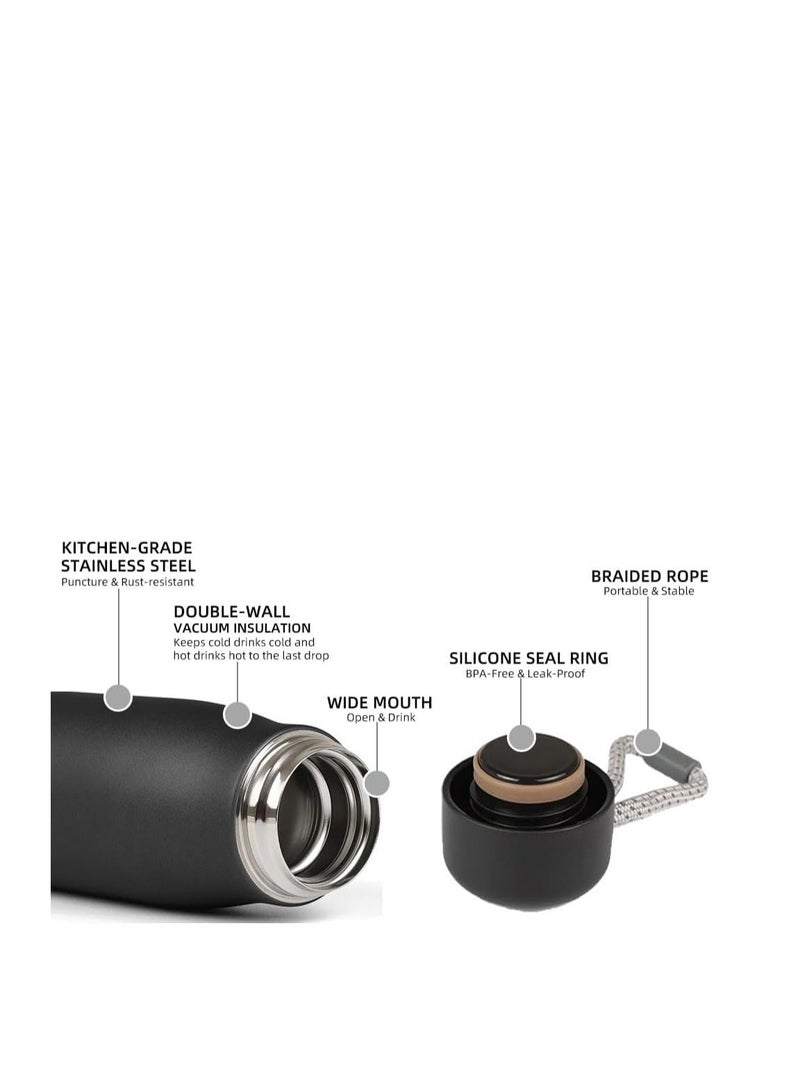 زجاجة مياه، قارورة مفرغة من الهواء معزولة من الفولاذ المقاوم للصدأ بطبقة مزدوجة، زجاجة حرارية مقاومة للتسرب ذات فم واسع، زجاجة رياضية سهلة التعامل (550 مل) باللون الأسود غير اللامع - Image 4