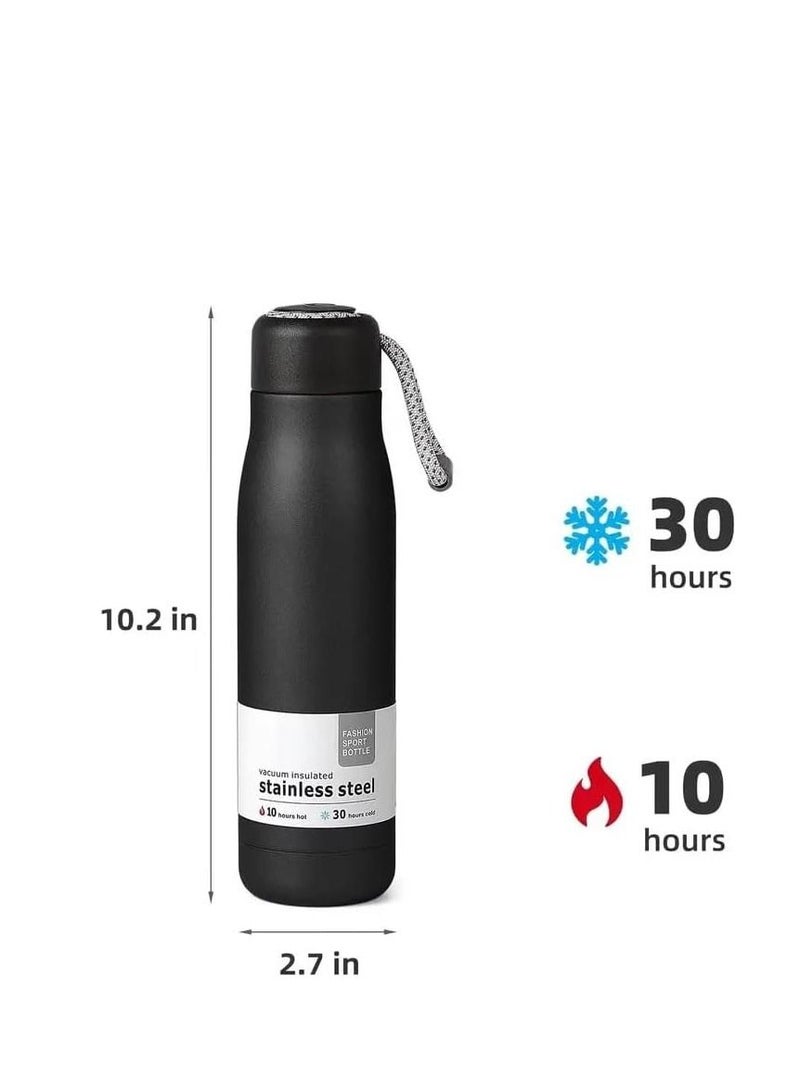 زجاجة مياه، قارورة مفرغة من الهواء معزولة من الفولاذ المقاوم للصدأ بطبقة مزدوجة، زجاجة حرارية مقاومة للتسرب ذات فم واسع، زجاجة رياضية سهلة التعامل (550 مل) باللون الأسود غير اللامع - Image 2