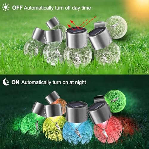 PARTPHONER 12 Pack Hanging Solar Lights Outdoor Decorative, Waterproof Solar Globe Lantern with Handle and Clip, Solar Powered Cracked Glass Ball Lights for Garden Yard Patio, Fence Tree Umbrella, Holiday Decor - Image 4