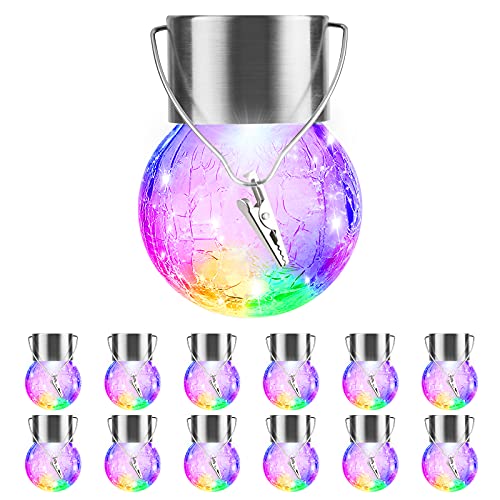 PARTPHONER 12 Pack Hanging Solar Lights Outdoor Decorative, Waterproof Solar Globe Lantern with Handle and Clip, Solar Powered Cracked Glass Ball Lights for Garden Yard Patio, Fence Tree Umbrella, Holiday Decor - Image 1