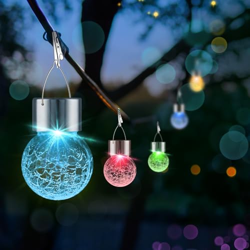 PARTPHONER 12 Pack Hanging Solar Lights Outdoor Decorative, Waterproof Solar Globe Lantern with Handle and Clip, Solar Powered Cracked Glass Ball Lights for Garden Yard Patio, Fence Tree Umbrella, Holiday Decor - Image 2