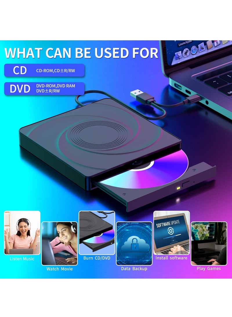 Captaintech External CD/DVD Drive for Laptop - USB 3.0 & Type-C, Portable CD DVD +/-RW Burner Player, Plug and Play, Compatible with Windows 10&11, Linux, MacBook PC (Black) - Image 2