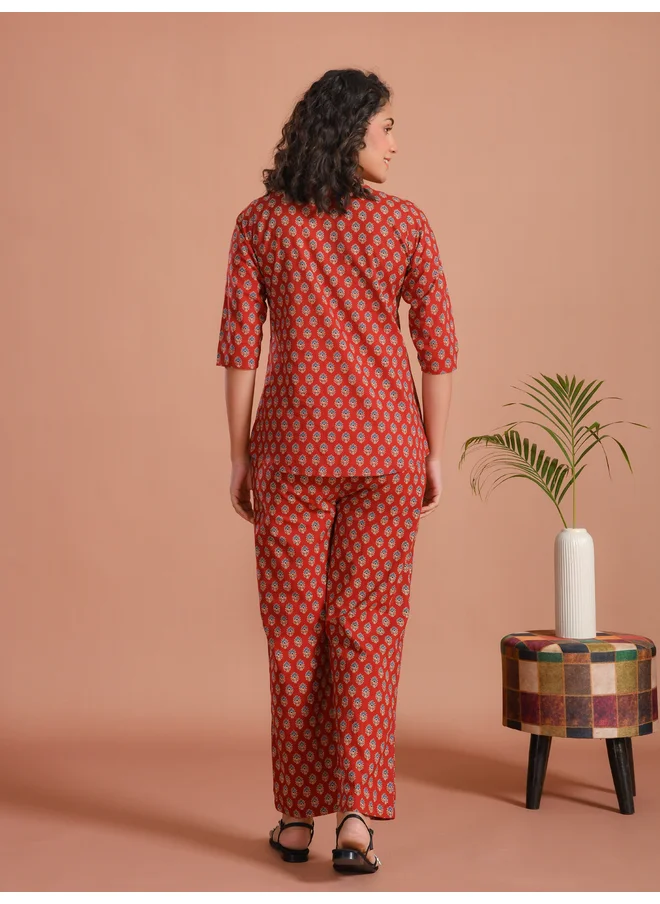 سانسكريتي هومز Sanskrutihomes Pure Cotton Printed Notch Neck Top and Pyjama Set
