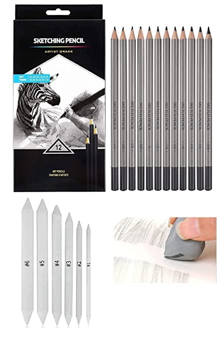 URBAN BOX URBAN BOX Art Sketching Pencils Set of 12 Pencils Artist Grade Degree Pencils 10B, 8B, 6B, 5B, 4B, 3B, 2B, B, HB, 2H, 4H and 6H with 6 Stumps,and Kneaded Art Eraser  - Image 1