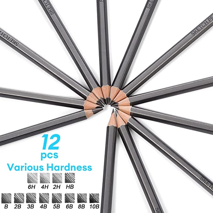 URBAN BOX URBAN BOX Art Sketching Pencils Set of 12 Pencils Artist Grade Degree Pencils 10B, 8B, 6B, 5B, 4B, 3B, 2B, B, HB, 2H, 4H and 6H with 6 Stumps,and Kneaded Art Eraser  - Image 3