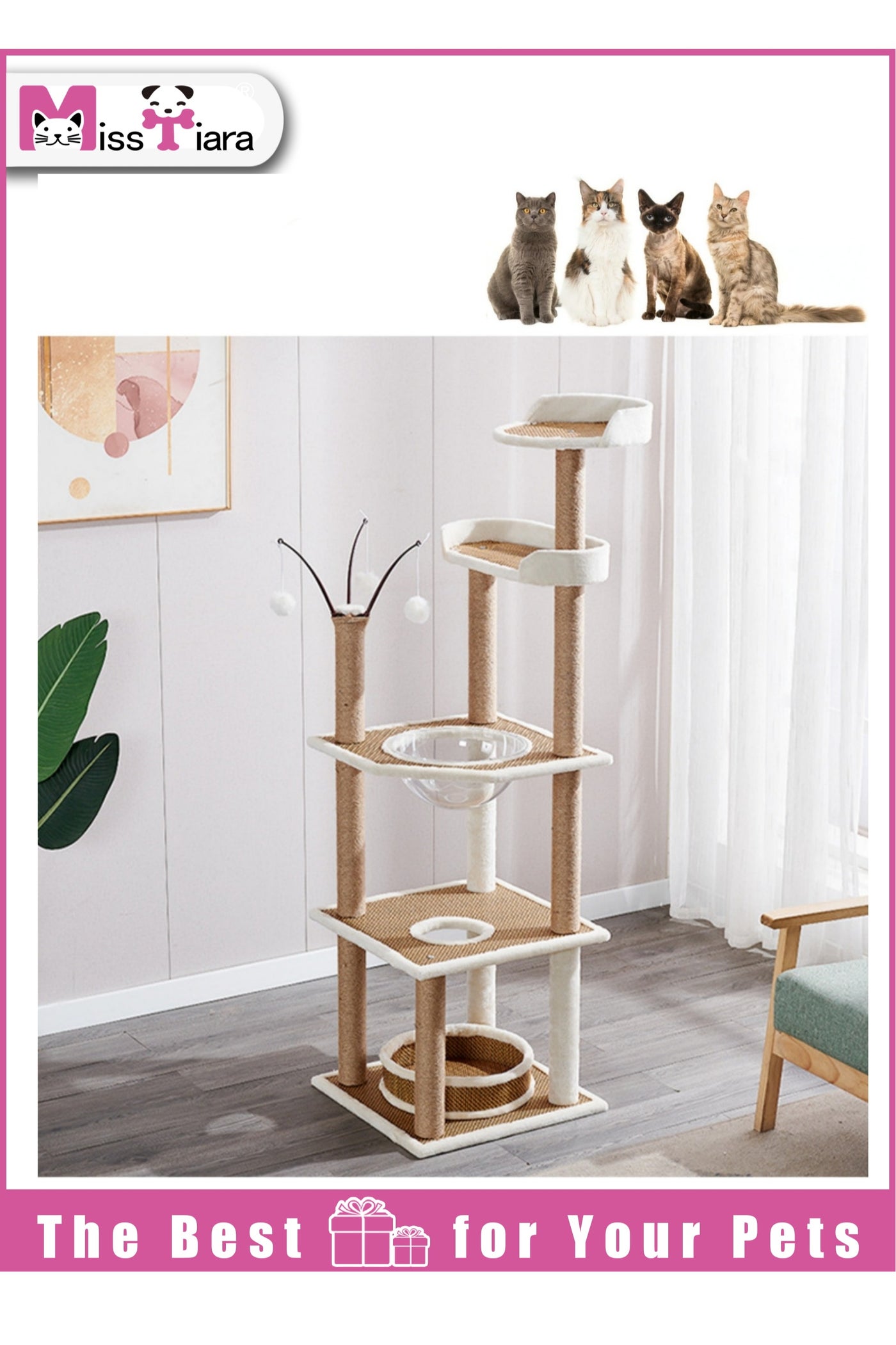 Multi-level Cat Tree for Indoor Cats Cat Tree House Tower Sisal Rope Scratching Post Pet Climber Scratcher with Hanging Toy for Adult Cat Kitten Indoor Play Sleeping 164cm