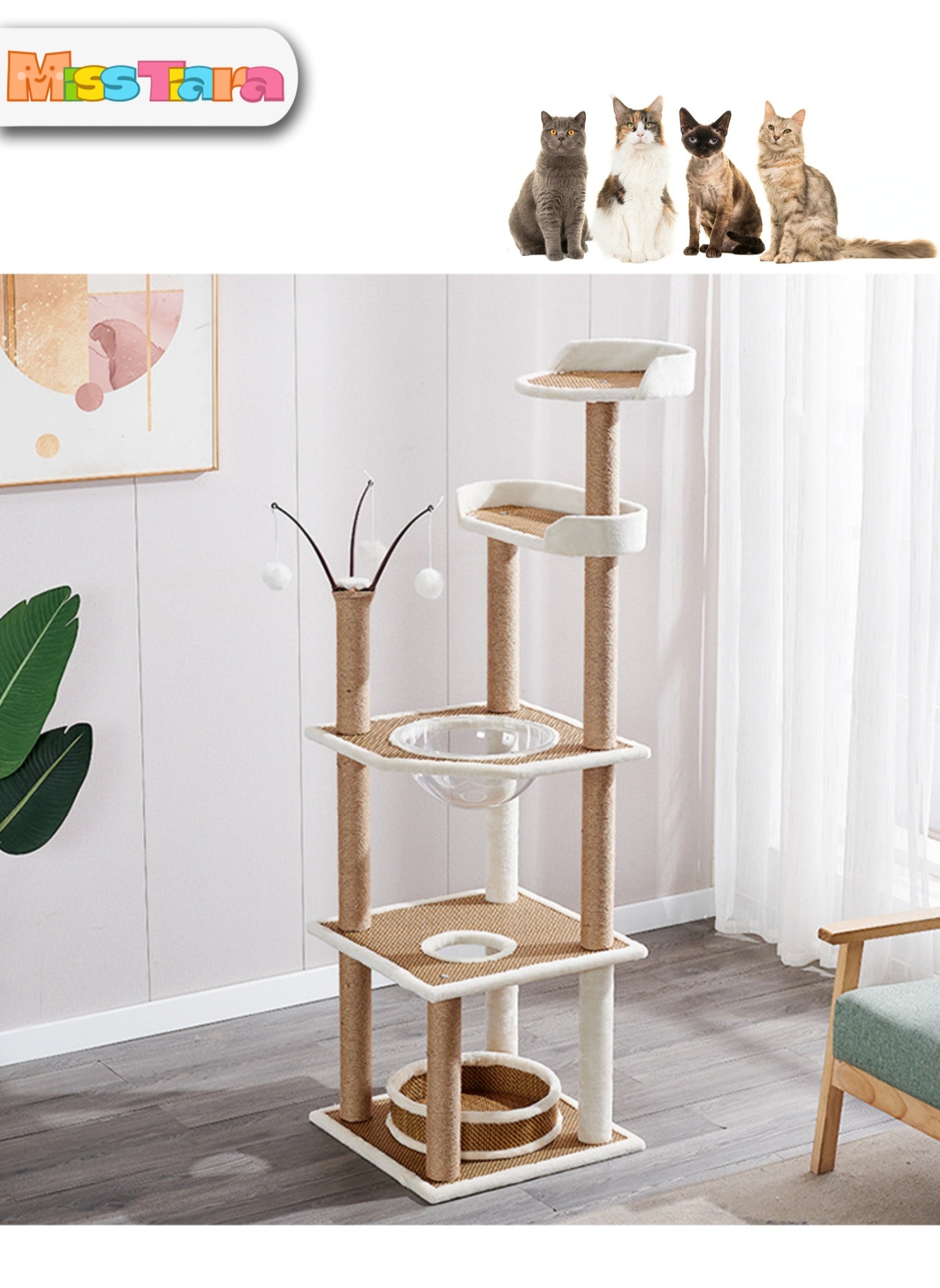 MissTiara Multi-level Cat Tree for Indoor Cats Cat Tree House Tower Sisal Rope Scratching Post Pet Climber Scratcher with Hanging Toy for Adult Cat Kitten Indoor Play Sleeping 164cm 