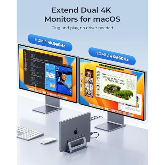 Raycue USB C DOCKING STATION DUAL MONITOR FOR MACBOOK PRO/AIR, USB C DOCK DUAL HMDI, USB C HUB WITH 2 4K HDMI FOR MAC, DOCKING STATION STAND WITH VGA, USB C, PD3.0, 4 USB, ETHERNET, SD/TF, AUDIO - Image 2