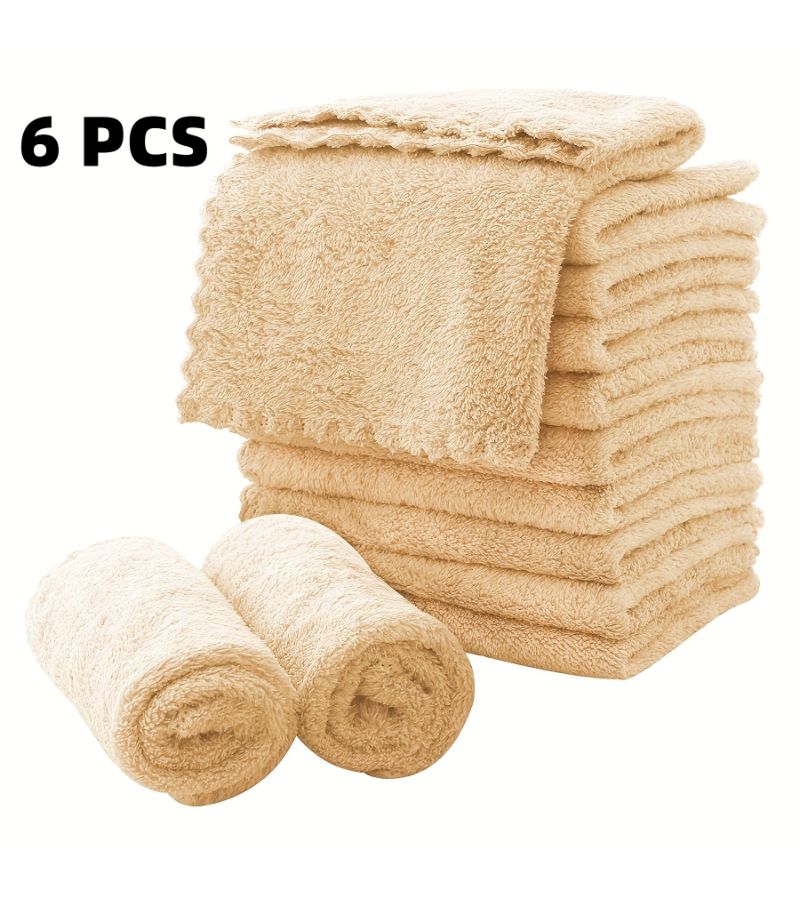 Beige 6pcs Ultra Soft Coral Velvet Microfiber Washcloths Quick Dry Absorbent Multipurpose Towels - Image 1