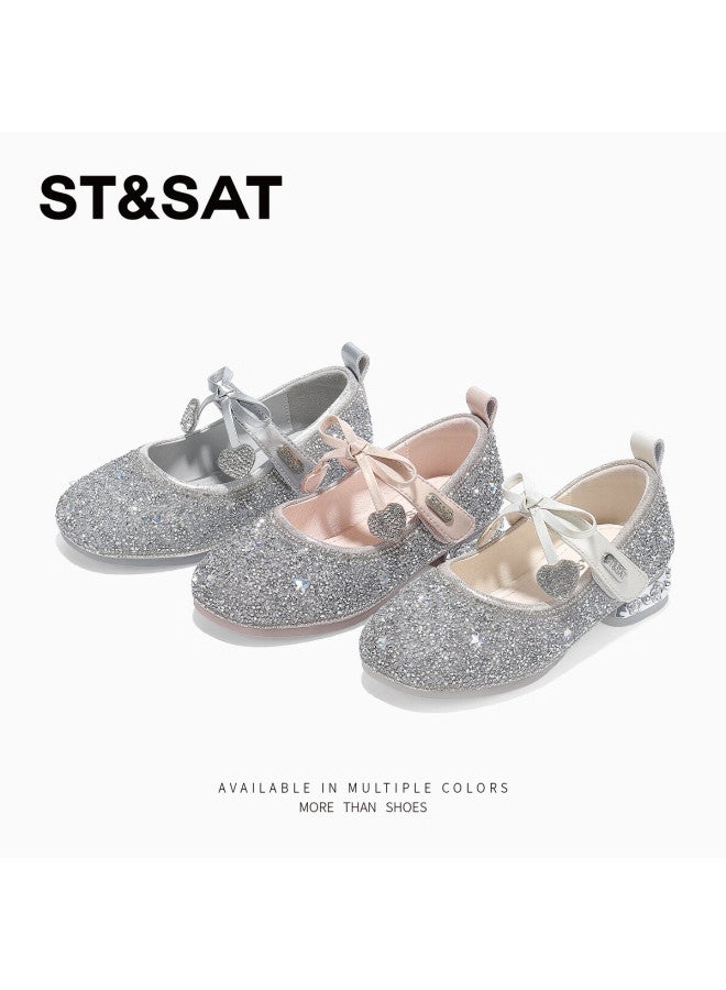 St&sat Girls' Leather Shoes Autumn New Children's High Heel Princess Shoes Soft Sole Crystal Shoes Performance Fashion Shoes Crystal Pink Size 32 - Image 1