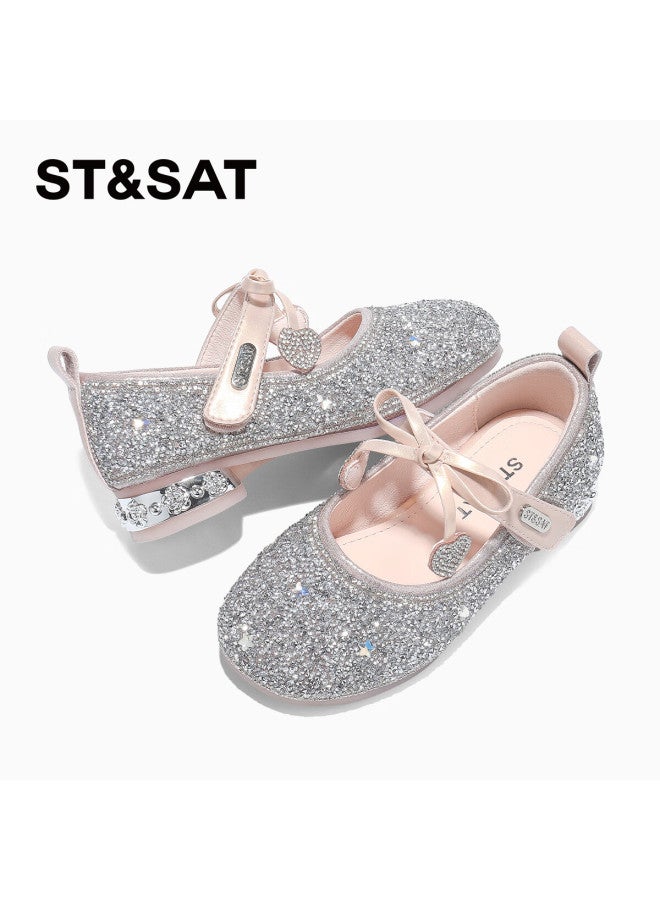 St&sat Girls' Leather Shoes Autumn New Children's High Heel Princess Shoes Soft Sole Crystal Shoes Performance Fashion Shoes Crystal Pink Size 32 - Image 2