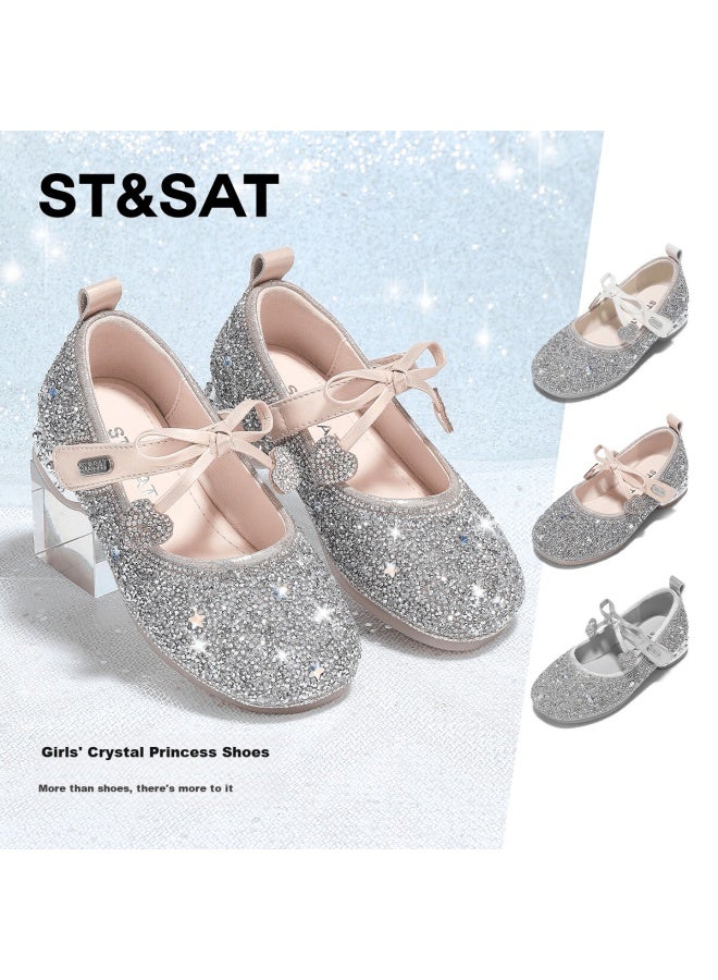 St&sat Girls' Leather Shoes Autumn New Children's High Heel Princess Shoes Soft Sole Crystal Shoes Performance Fashion Shoes Crystal Pink Size 32 - Image 3