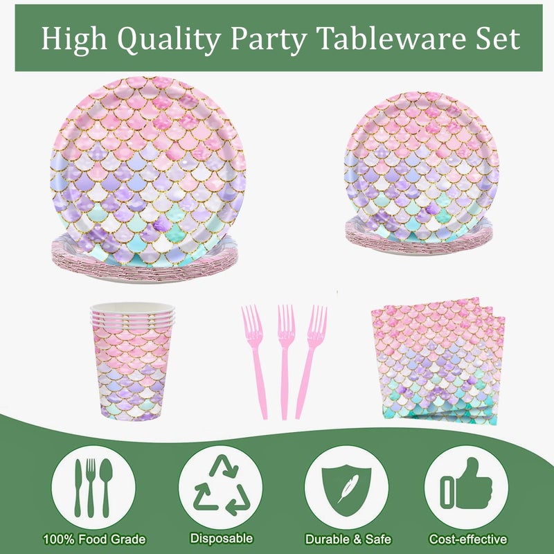 Askljeby 121 Pcs Mermaid Birthday Party Decorations Plates Set for 24 Guests,Little Mermaid Party Supplies Ocean under the Sea Party Tableware Plate,Fork,Napkins Tablecloths Cups for Princess Girls - Image 3