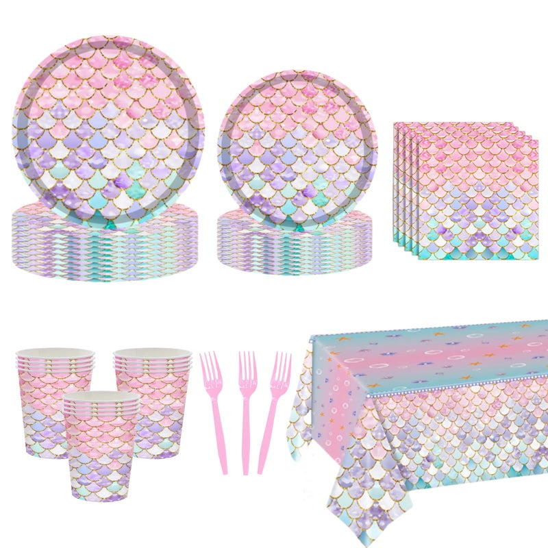 Askljeby 121 Pcs Mermaid Birthday Party Decorations Plates Set for 24 Guests,Little Mermaid Party Supplies Ocean under the Sea Party Tableware Plate,Fork,Napkins Tablecloths Cups for Princess Girls - Image 1