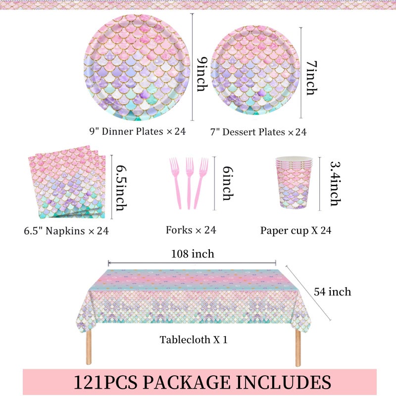 Askljeby 121 Pcs Mermaid Birthday Party Decorations Plates Set for 24 Guests,Little Mermaid Party Supplies Ocean under the Sea Party Tableware Plate,Fork,Napkins Tablecloths Cups for Princess Girls - Image 2