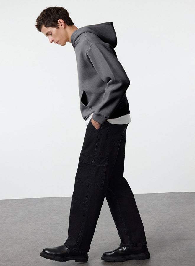 trendyol Anthracite Oversize/Wide Cut Back Embroidered Detailed Hooded Sweatshirt - Image 5