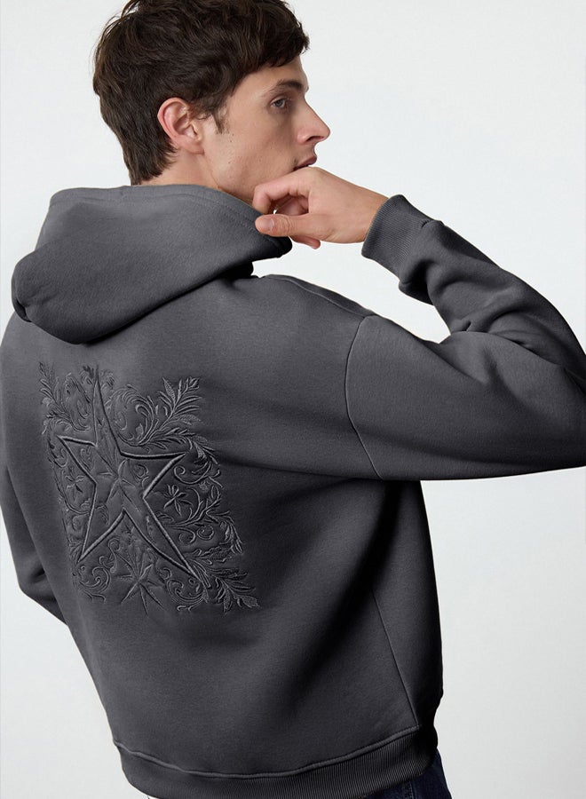 trendyol Anthracite Oversize/Wide Cut Back Embroidered Detailed Hooded Sweatshirt - Image 1