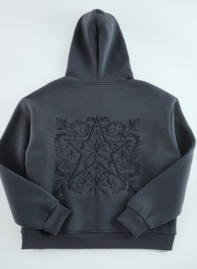 trendyol Anthracite Oversize/Wide Cut Back Embroidered Detailed Hooded Sweatshirt - Image 2