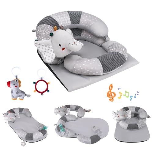 Blublu Park 3-in-1 Tummy Time Pillow and Seated Support Playmat with Detachable Early Sensory Toys for Infant, Sitting Support to Prevent Reflux, Portable Gifts for Newborn Boys and Girls (Grey) - Image 1