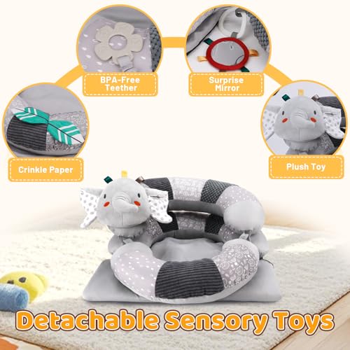 Blublu Park 3-in-1 Tummy Time Pillow and Seated Support Playmat with Detachable Early Sensory Toys for Infant, Sitting Support to Prevent Reflux, Portable Gifts for Newborn Boys and Girls (Grey) - Image 5