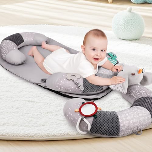 Blublu Park 3-in-1 Tummy Time Pillow and Seated Support Playmat with Detachable Early Sensory Toys for Infant, Sitting Support to Prevent Reflux, Portable Gifts for Newborn Boys and Girls (Grey) - Image 2