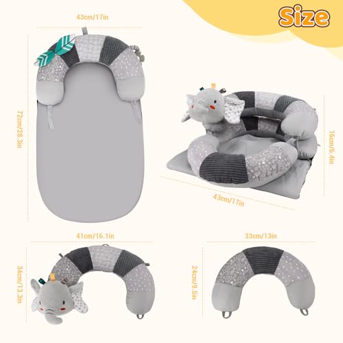Blublu Park 3-in-1 Tummy Time Pillow and Seated Support Playmat with Detachable Early Sensory Toys for Infant, Sitting Support to Prevent Reflux, Portable Gifts for Newborn Boys and Girls (Grey) - Image 4