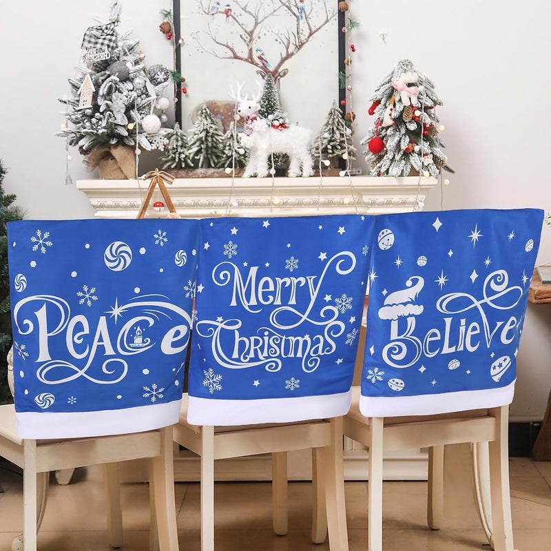 CCINEE 4pcs Christmas Chair Covers for Dining RoomsBlue Holiday Chair Slipcovers for Kitchen Wedding Xmas Party Table Decor Winter Christmas Chair Back Covers - Image 1