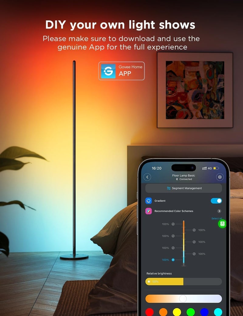 جوفي مصباح أرضي LED، مصباح زاوية RGBIC يعمل مع Alexa وGoogle Assistant، 16 مليون لون و58 مشهدًا من الإضاءة المزاجية لغرفة المعيشة وغرفة النوم، أسود - Image 4