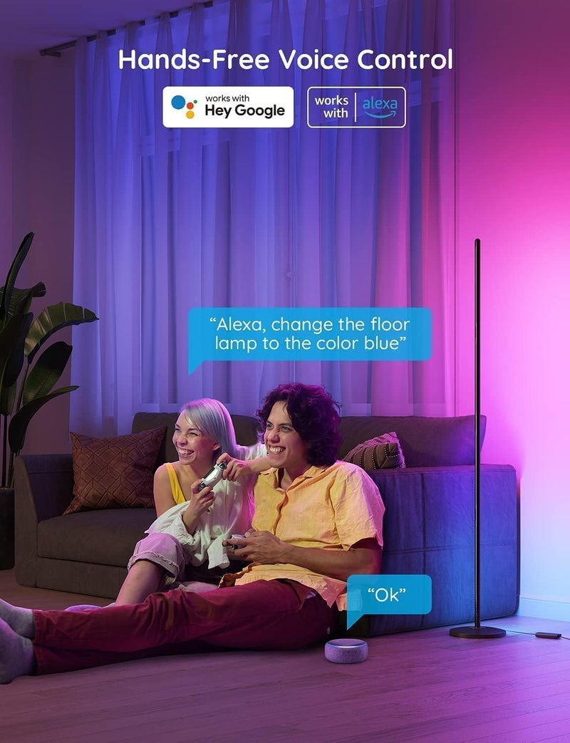 جوفي مصباح أرضي LED، مصباح زاوية RGBIC يعمل مع Alexa وGoogle Assistant، 16 مليون لون و58 مشهدًا من الإضاءة المزاجية لغرفة المعيشة وغرفة النوم، أسود - Image 2