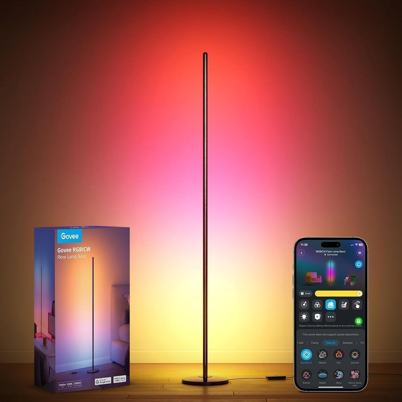 جوفي مصباح أرضي LED، مصباح زاوية RGBIC يعمل مع Alexa وGoogle Assistant، 16 مليون لون و58 مشهدًا من الإضاءة المزاجية لغرفة المعيشة وغرفة النوم، أسود - Image 1
