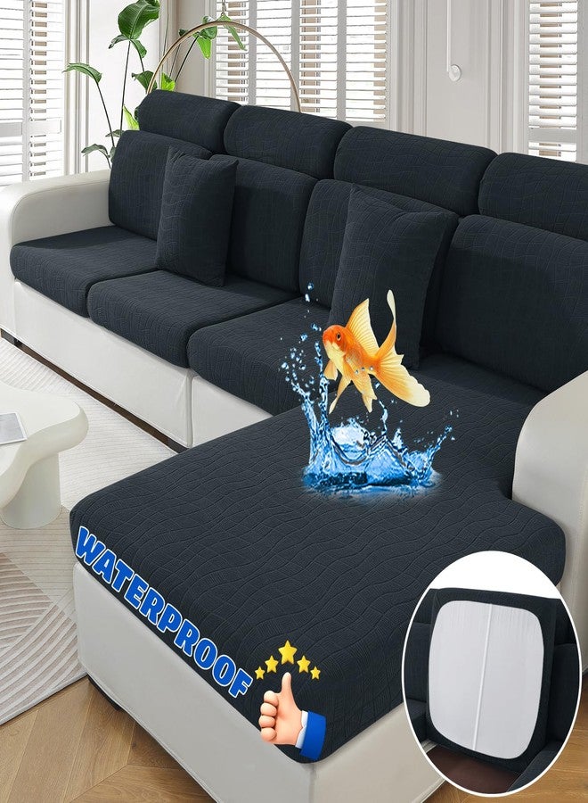 MAXIJIN Waterproof 3 Pieces Couch Cushion Covers for Sectional Sofa Seat Slipcover Stretch Sectional Couch Cover for L Shape Left/Right Chaise with Elastic Bottom (2 Seater + 1 Chaise, Dark Gray) - Image 1
