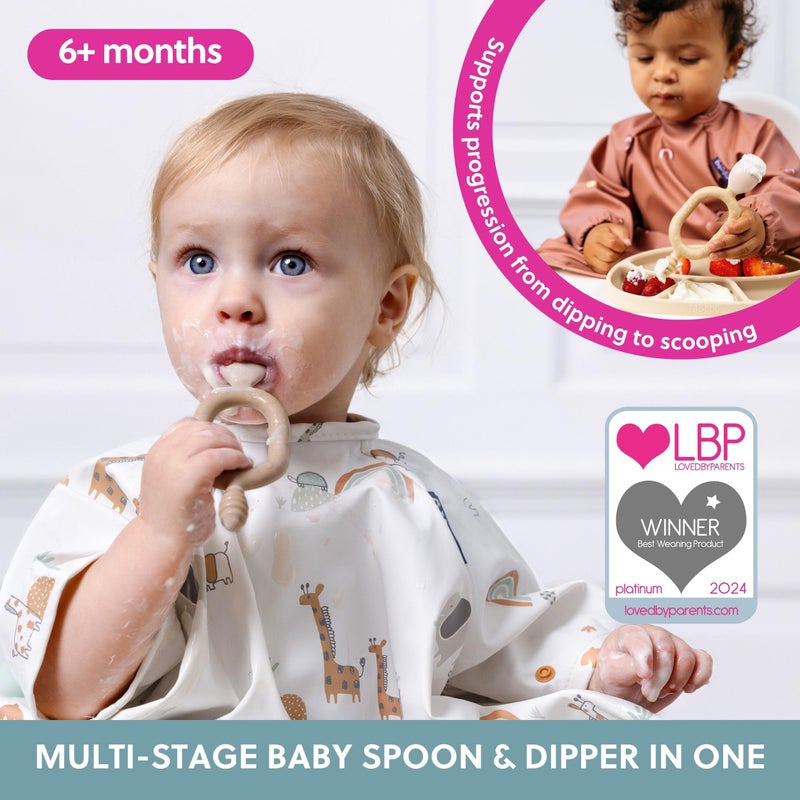 Bibado - Dippit Baby Spoon and Dipper, Fawn (2-Pack) - Soft, Chewable Dipper & Deep Spoon - Two-Hand, Sensory Grip - Toddler Utensils - Baby Led Weaning Supplies - Baby Essentials - 6 Months+ - Image 2