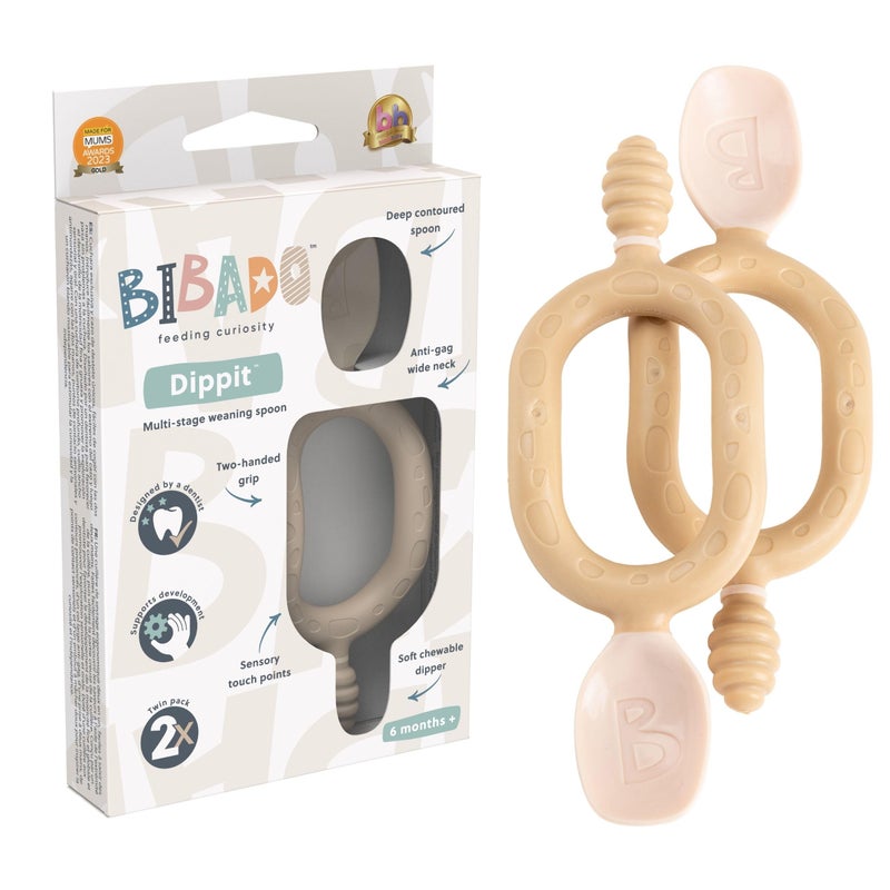 Bibado - Dippit Baby Spoon and Dipper, Fawn (2-Pack) - Soft, Chewable Dipper & Deep Spoon - Two-Hand, Sensory Grip - Toddler Utensils - Baby Led Weaning Supplies - Baby Essentials - 6 Months+ - Image 1