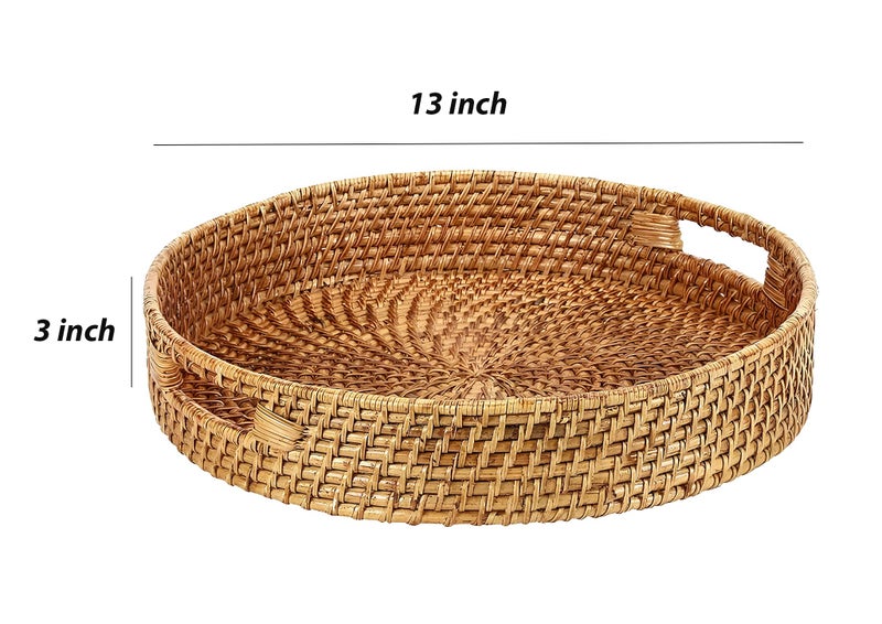 AKWAY Round Wicker Basket | Round Tray Wooden Serving Tray for Home | Serving Tray for Party Guests | Platter with Handles Diwali or Deepawali Gifts (13W x 13 L x 3H inch) (Brown) - Image 4
