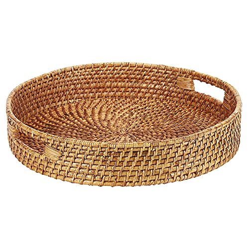 AKWAY Round Wicker Basket | Round Tray Wooden Serving Tray for Home | Serving Tray for Party Guests | Platter with Handles Diwali or Deepawali Gifts (13W x 13 L x 3H inch) (Brown) - Image 2