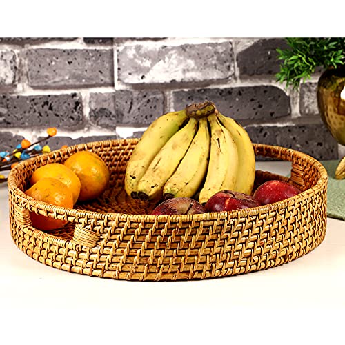 AKWAY Round Wicker Basket | Round Tray Wooden Serving Tray for Home | Serving Tray for Party Guests | Platter with Handles Diwali or Deepawali Gifts (13W x 13 L x 3H inch) (Brown) - Image 5