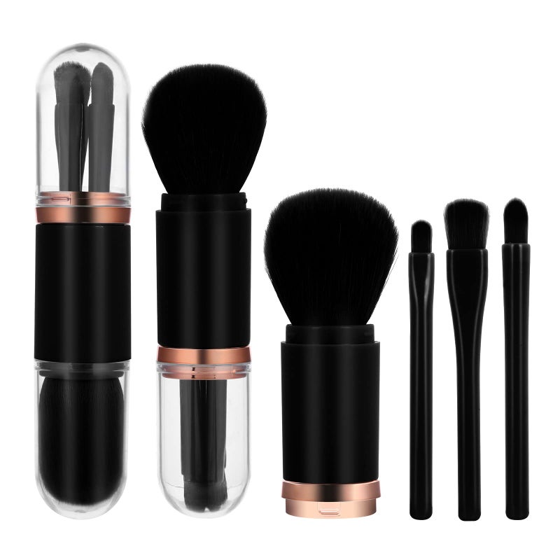 Molain Mini Makeup Brush Set 4 in 1 Portable Travel Lip Highlight Eyeshadow Foundation Blending Powder Brush Set Black