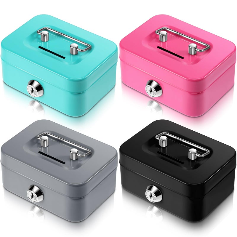 Tandefio 4 Pieces Small Money Box with Lock Metal Cash Box Piggy Bank with Lock and Slot 45 x 33 x 2 Inch Metal Coin Bank Gifts for Christmas New Year Black Green Gray Pink - Image 2