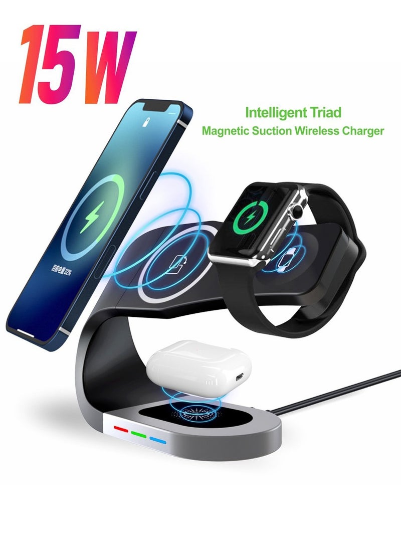 X-level 3-in-1 Wireless Charging Station with MagSafe - Fast Charging for Apple Watch, Stable Charger Stand Base for Samsung S25 Ultra/iPhone 16/15/14/13/12 Pro Max/Plus, Apple Watch 9/8/7/6/5/4/SE Series(Black)  - Image 1