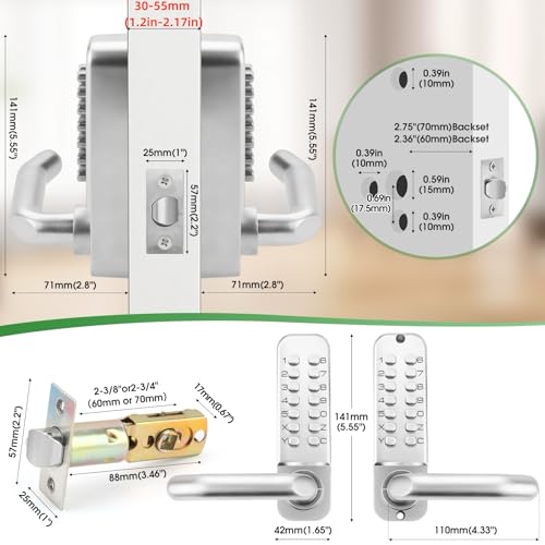 ANNFUZ Mechanical Keyless Entry Door Handle Lock with KeypadDoubleSided Combination Code OpeningInterior Exterior Push Button Passcode Front Door Lever Setfor GateFenceNo BatteryPearl Chrome - Image 3