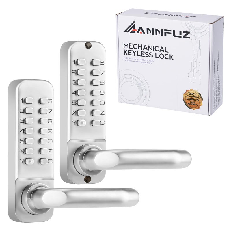 ANNFUZ Mechanical Keyless Entry Door Handle Lock with KeypadDoubleSided Combination Code OpeningInterior Exterior Push Button Passcode Front Door Lever Setfor GateFenceNo BatteryPearl Chrome - Image 2