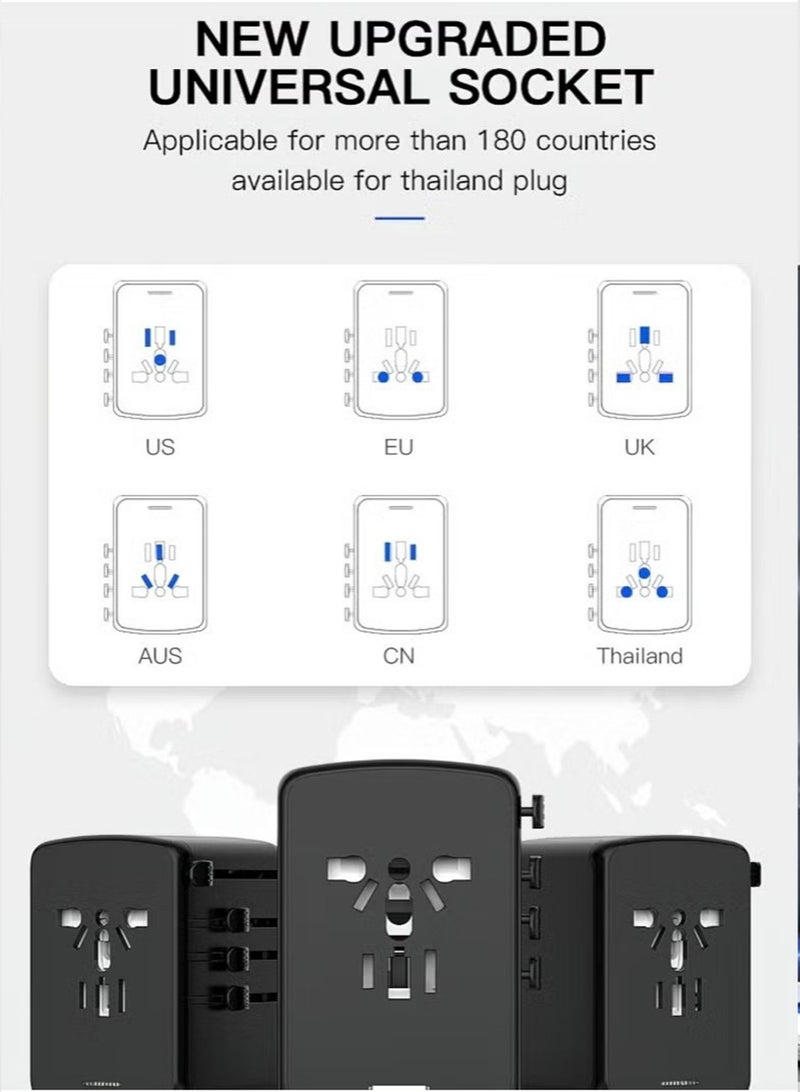 Universal International Power Travel Plug Adapter, 5 in 1 European Travel Plug Adapter W/ 3.5A 2xUSB-A and 2xUSB C Wall Charger and Worldwide AC Outlet for Europe USA UK AUS Asia Black - Image 4